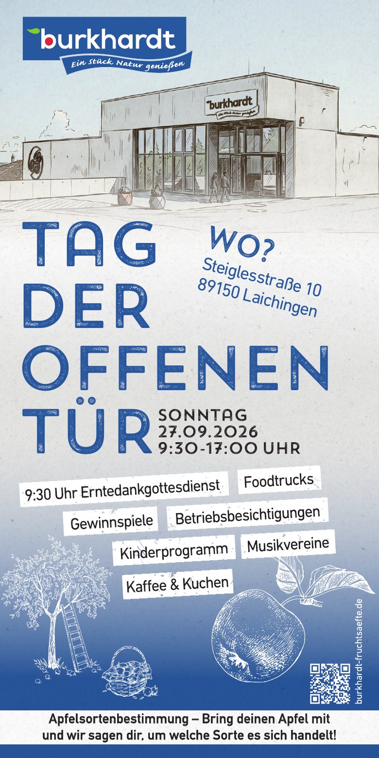 Tag der offenen Tür am Sonntag, 27.09.2026, 9:30–17:00 Uhr, Steiglesstraße 10, 89150 Laichingen. Apfelsortenbestimmung: Apfel mitbringen.